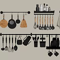 Hanging Kitchen Utensils Pans Cutting Boards Whisks Spoons On Wall Mounted Racks With Storage Jars
