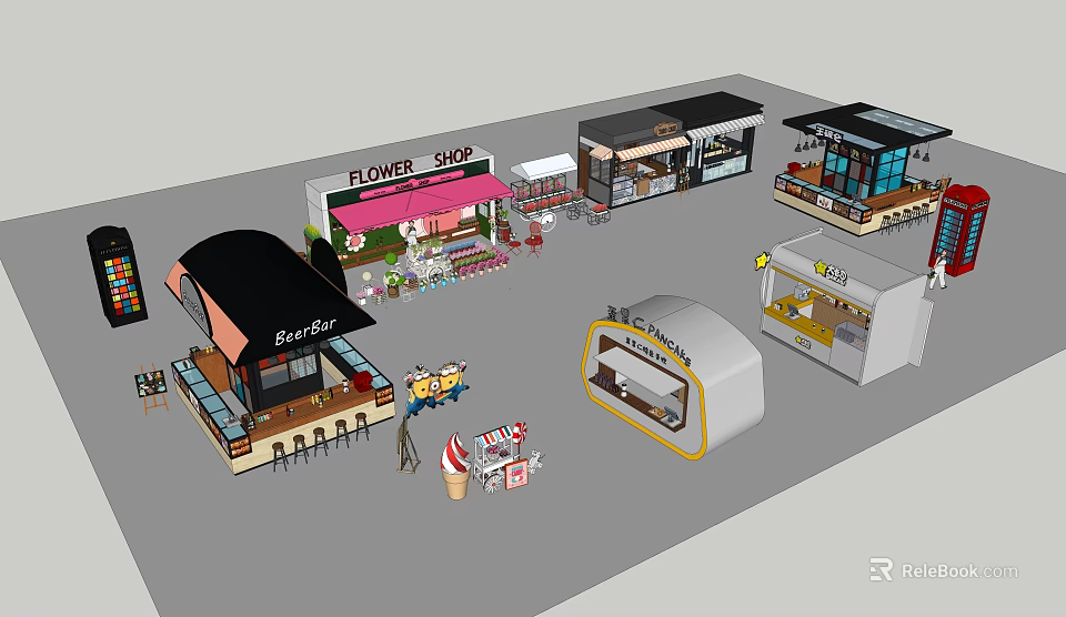 Variety of Retail Shops Including Flower Shop Café Burger Stand and Food Stalls 3d model 