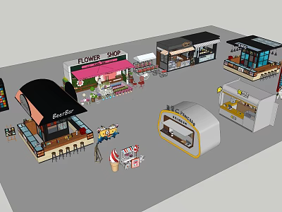 Variety of Retail Shops Including Flower Shop Café Burger Stand and Food Stalls 3d model
