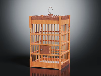 Classic Wooden Birdcage With Intricate Carved Design And Hanging Hook 3d model
