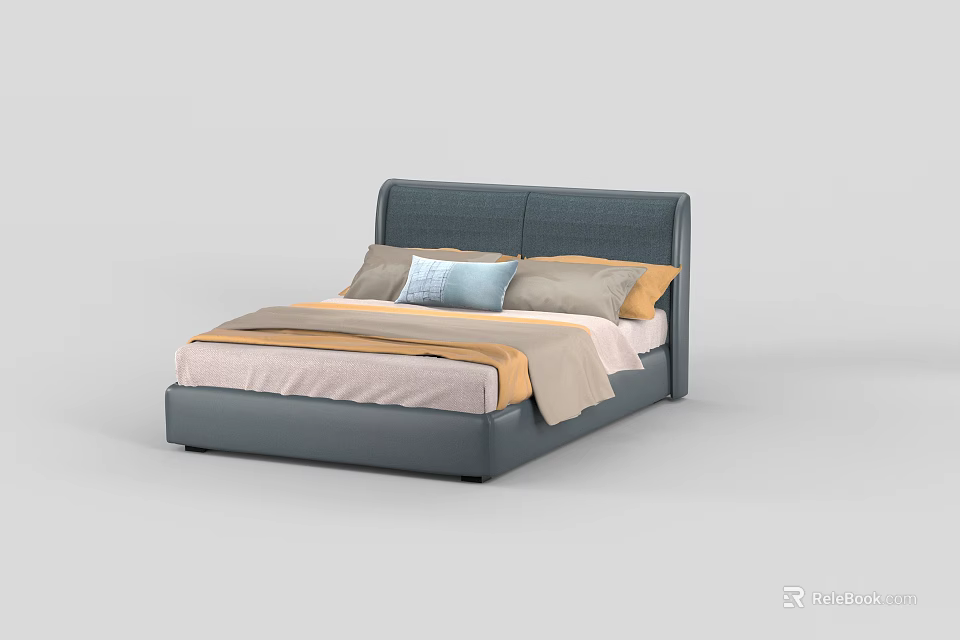 Modern Double Bed With Grey Headboard Soft Pillows And Cozy Bedding 3d model