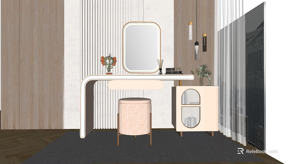 Modern Dressing Table With Oval Mirror Pink Stool And Glass Cabinet Decorative Items 3d model 