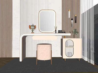 Modern Dressing Table With Oval Mirror Pink Stool And Glass Cabinet Decorative Items 3d model