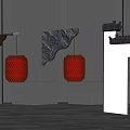 Red Lanterns With Decorative Carved Components On Black Background And White Pillar Wooden Floor