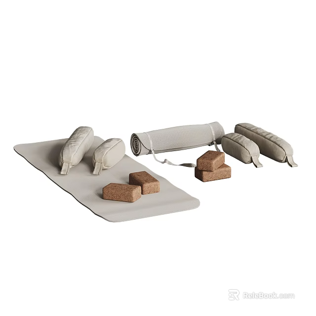 Neutral Colored Yoga Accessories Set With Mat Rolled Mats Blocks And Bolsters 3d model 