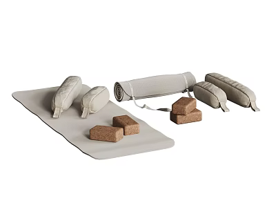 Neutral Colored Yoga Accessories Set With Mat Rolled Mats Blocks And Bolsters 3d model