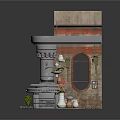 Miniature Architectural Scene Component With Brick Structure Round Window Gear Base And Plants