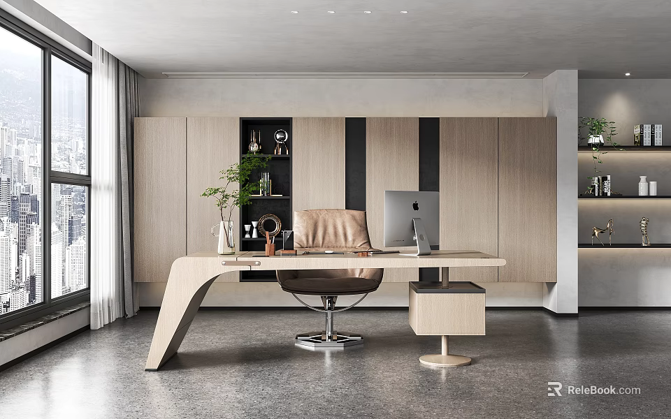 Modern Office Interior Design With Wooden Desk Leather Chair Computer Shelves And Potted Plant 3d model 