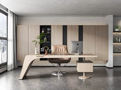 Modern Office Interior Design With Wooden Desk Leather Chair Computer Shelves And Potted Plant 3d model