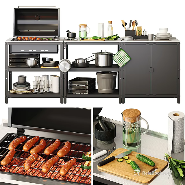 Organized Kitchen With Grill Sausages Vegetables Cookware And Storage 3d model