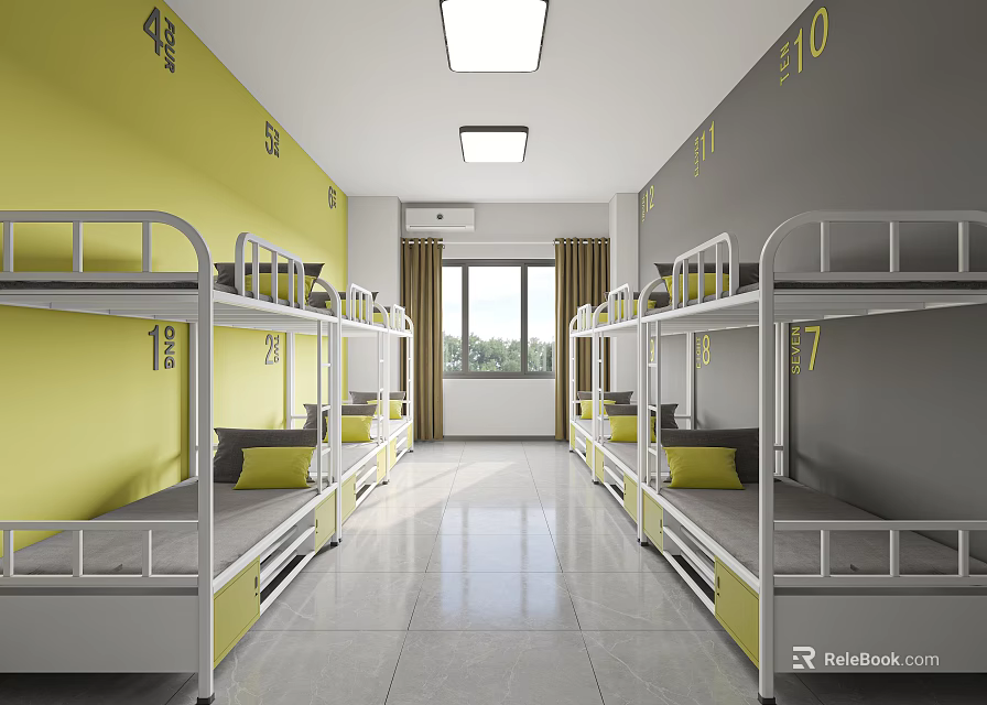 Dormitory Room Interior With Bunk Beds Yellow Gray Walls Bed Numbers Window And Storage Lockers 3d model 