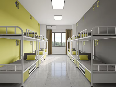 Dormitory Room Interior With Bunk Beds Yellow Gray Walls Bed Numbers Window And Storage Lockers 3d model