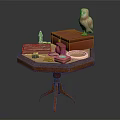 Wooden Octagonal Side Table With Red Box Owl Figurine And Small Decorative Items