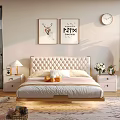 Modern Double Bed With Tufted Headboard Nightstand Decorative Art And Green Plants