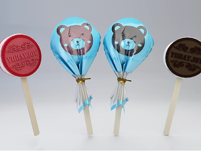 Cute Bear Shaped Round Lollipops Blue Red Brown with YOU & ME on Wooden Sticks 3d model