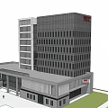 Modern Office Building Featuring Stone Facade Glass Curtain Wall Entrance Columns And Front Lawn