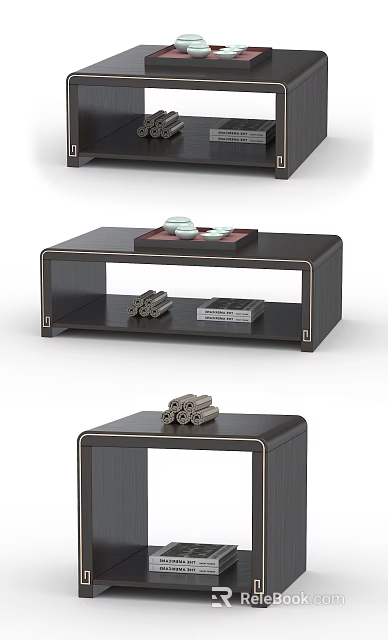 Modern Dark Wood Coffee Table With Tray Cups Books And Scrolls On Lower Shelf 3d model 