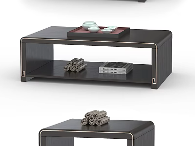 Modern Dark Wood Coffee Table With Tray Cups Books And Scrolls On Lower Shelf 3d model
