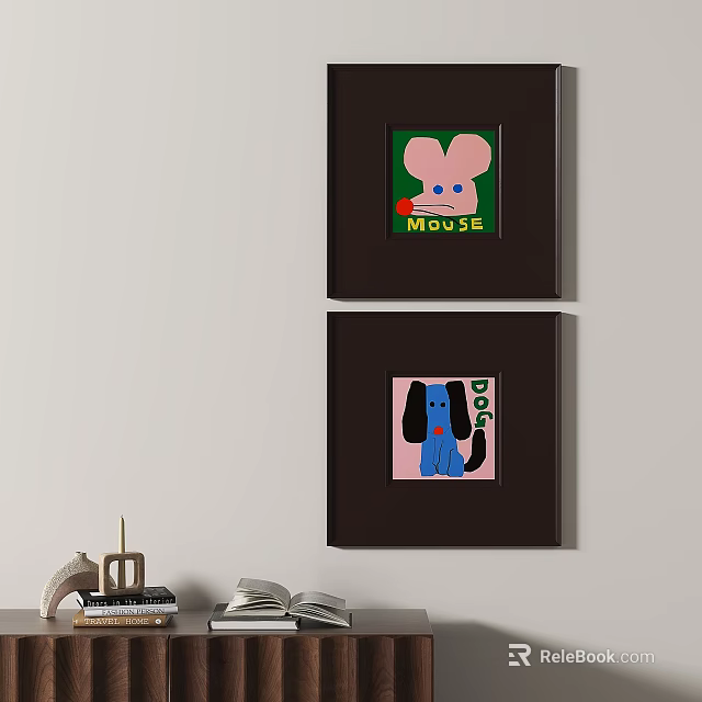 Abstract Paintings Featuring Mouse And Dog Animal Figures With Text Elements On Wall 3d model