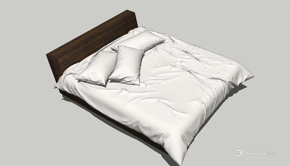 Modern Double Bed With Wooden Headboard White Bed Sheets And Plush Pillows 3d model 
