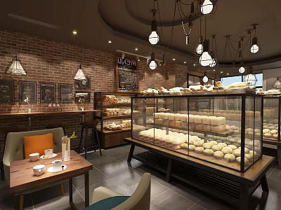 Cozy Bakery Interior With Brick Walls Glass Display Cases Hanging Lights and Fresh Pastries 3d model