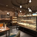 Cozy Bakery Interior With Brick Walls Glass Display Cases Hanging Lights and Fresh Pastries