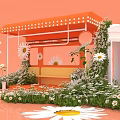 Vibrant Outdoor Seating Area With Orange Awning Bench Daisies Bicycle And White Floral Decorations