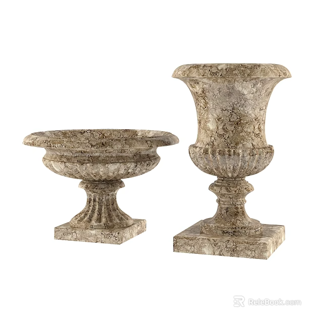 Classical Stone Flower Pot Sculptures With Intricate Carving Details And Decorative Bases 3d model 