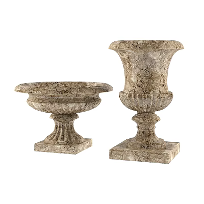 Classical Stone Flower Pot Sculptures With Intricate Carving Details And Decorative Bases 3d model