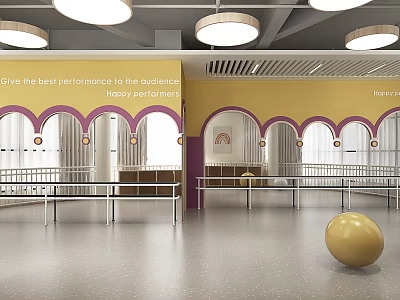 Fitness Studio With Yellow Walls Arched Mirrors Railings And Golden Ball For Workout 3d model