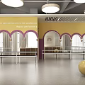 Fitness Studio With Yellow Walls Arched Mirrors Railings And Golden Ball For Workout