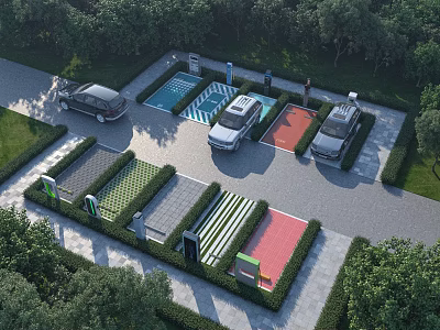 Modern Road Facilities In Parking Area With Charging Stations Green Spaces And Parked Vehicles 3d model
