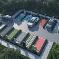 Modern Road Facilities In Parking Area With Charging Stations Green Spaces And Parked Vehicles