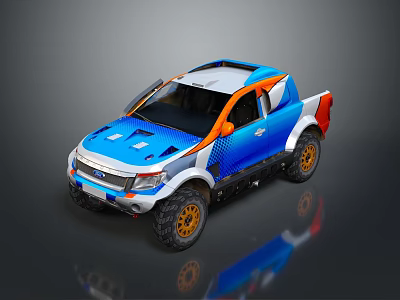 Military Pickup Truck With Blue Orange Exterior Off Road Tires Rugged Design 3d model