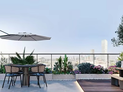 Roof Garden Outdoor Dining Space With Umbrella Plants And City View Terrace 3d model