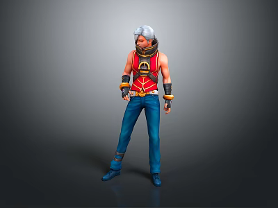 White Haired 3D Character Model In Red Vest Blue Pants With Wrist Guards And Belt 3d model