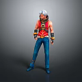 White Haired 3D Character Model In Red Vest Blue Pants With Wrist Guards And Belt