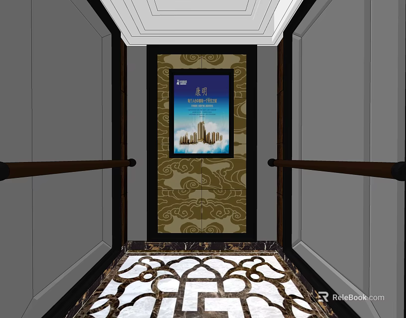 Modern Elevator Interior Design With Decorative Panel Patterned Floor And Lighting 3d model
