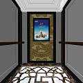 Modern Elevator Interior Design With Decorative Panel Patterned Floor And Lighting 3d model