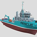 Turquoise And Brown Rescue Ship With Crane And Orange Lifebuoy On Deck