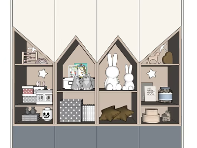 House Shaped Storage Shelving Unit With Cute Rabbit Figurines Star Decor Books Boxes And Pillows 3d model