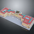Historic Palace Architectural Model With Red Roofs Yellow Walls And Symmetrical Courtyards
