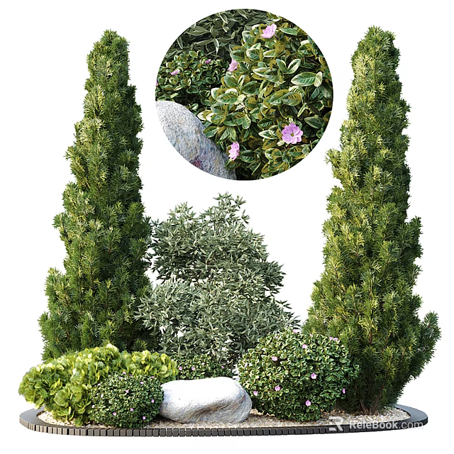 Tall Cypress Trees With Pink Flowers Stone And Lush Green Shrubs 3d model 