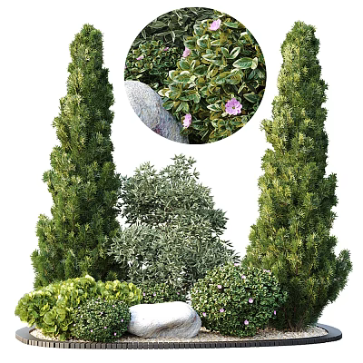 Tall Cypress Trees With Pink Flowers Stone And Lush Green Shrubs 3d model