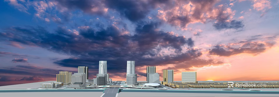 Urban City Skyline With Tall Skyscrapers And Dramatic Purple Pink Clouds At Sunset 3d model 