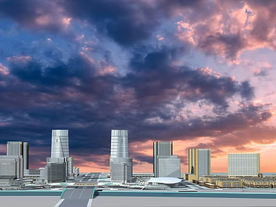 Urban City Skyline With Tall Skyscrapers And Dramatic Purple Pink Clouds At Sunset 3d model