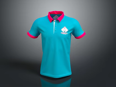 Turquoise Short Sleeve Polo Shirt With Pink Collar Cuffs And White Logo 3d model