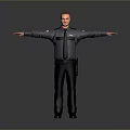 Male Security Guard In Uniform Standing With Arms Outstretched On White