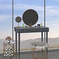Modern Gray Dressing Table with Round Gold Mirrors Makeup Accessories and Fur Stool