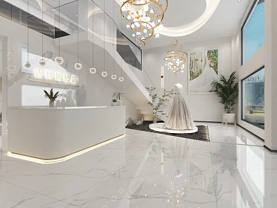Elegant Modern Bridal Shop Interior With White Reception Counter Chandeliers Wedding Dress Mannequin And Staircase 3d model